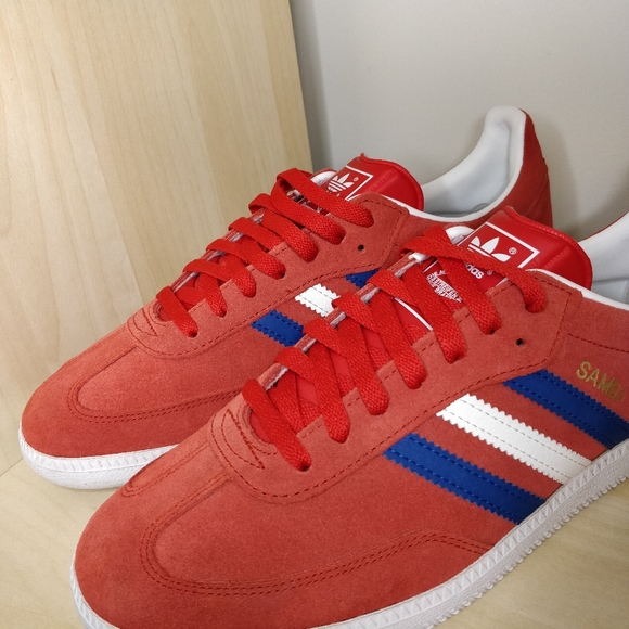 red white and blue adidas sambas